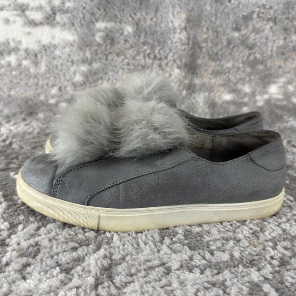 Steve Madden Size 8M Faux Fur Suede Pom Pom Puff Ball Gray Sneakers Pull On - Picture 5 of 10